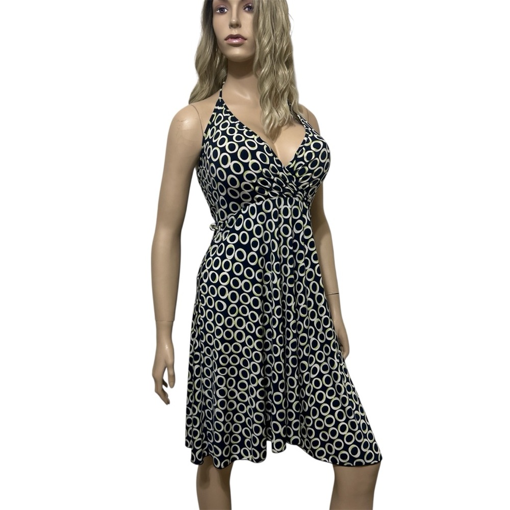 Hypnotik Vintage Geometric Circle Print Halter Surplice V-Neck Midi Retro Dress